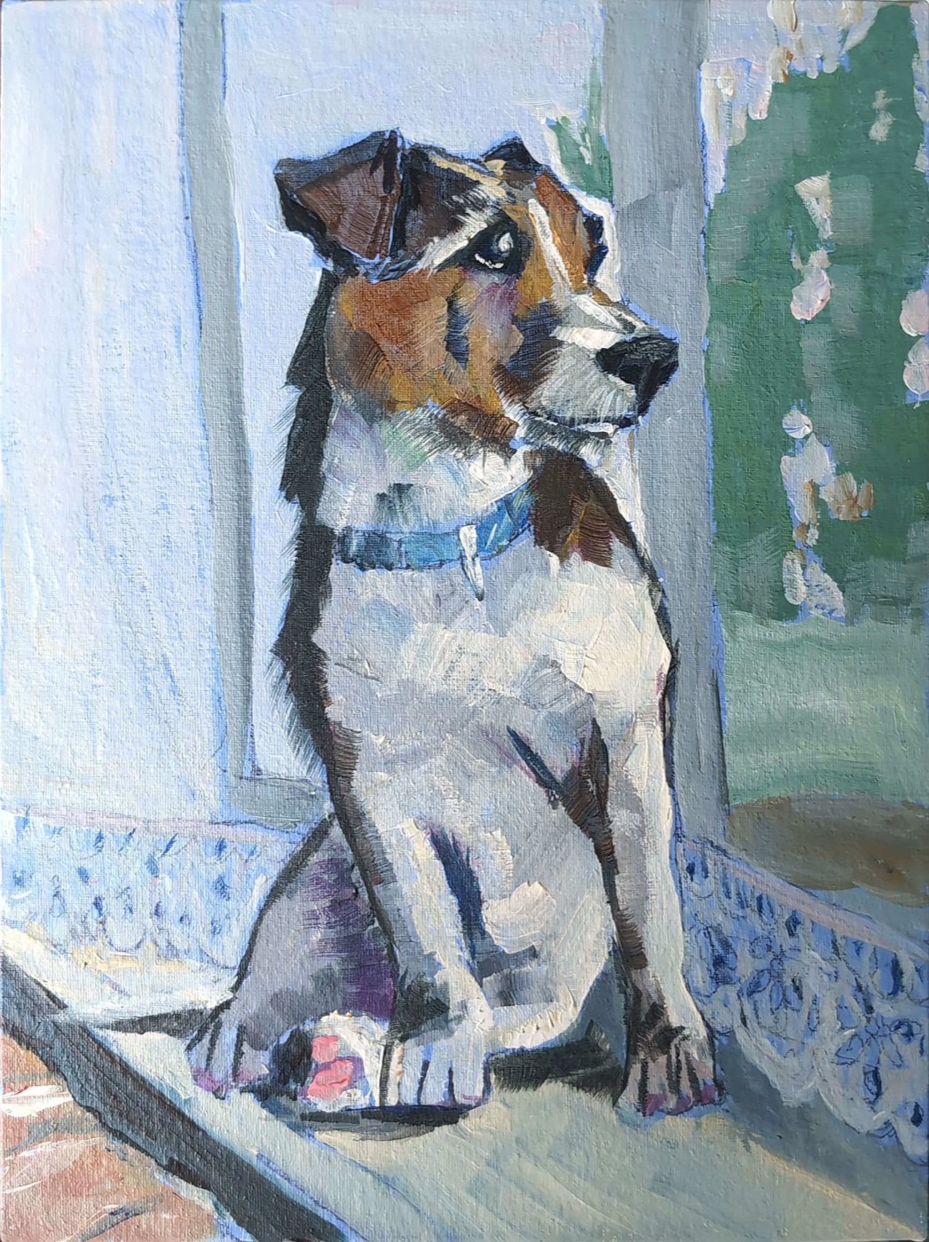 Painting of a Jack Russell terrier with a blue collar sitting by a window, looking out — pale blue light, patterned carpet, green garden beyond.