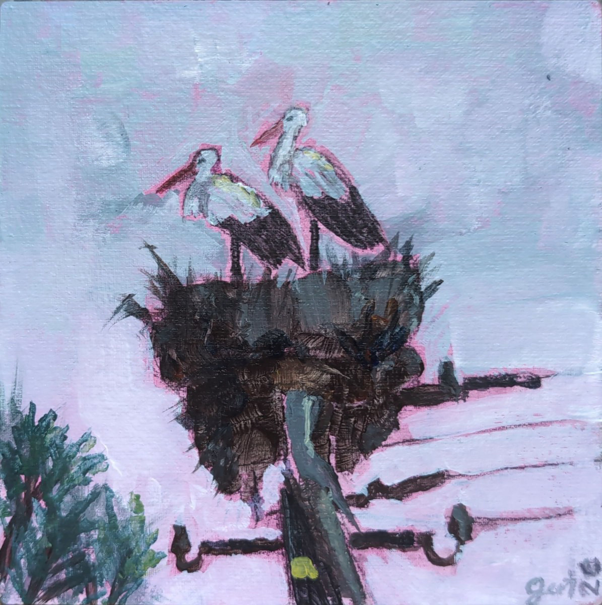 Painting of two white storks standing on a large twig nest atop a pole, against a pale pink and grey sky.