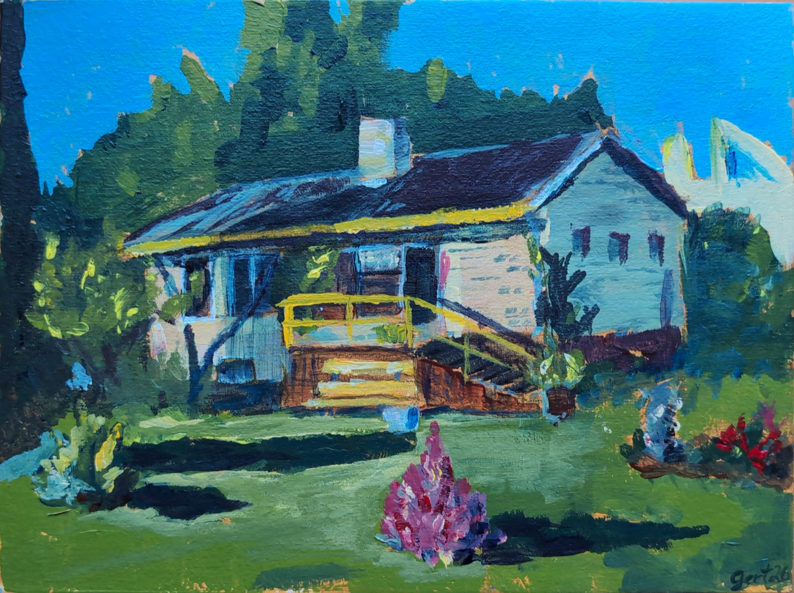 Painting of a white farmhouse in summer — dark roof, yellow stair railing, deep green garden and pink lupines under a bright blue sky.